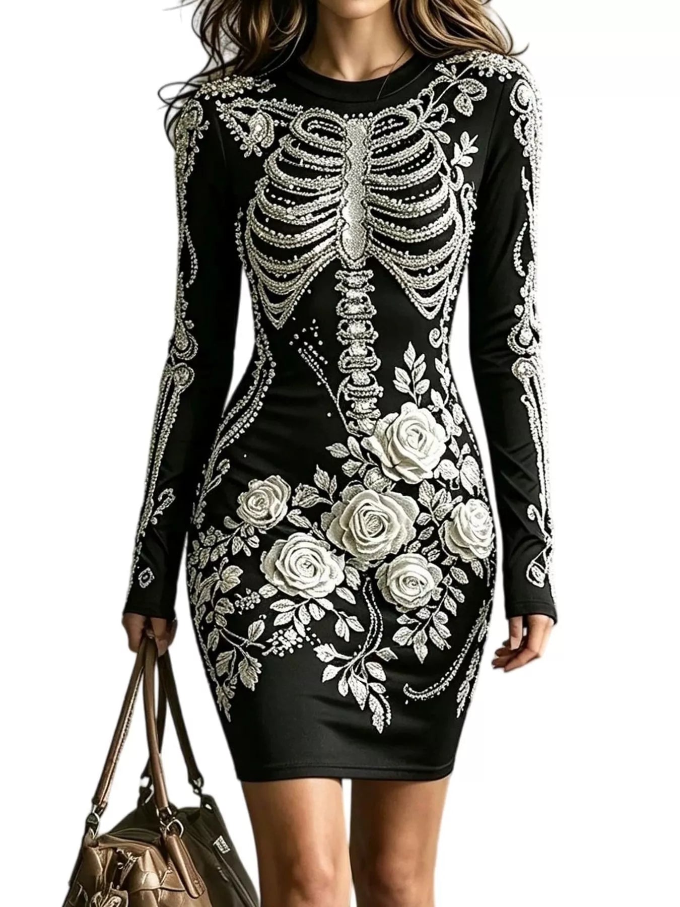 Black long sleeve bodycon dress with white skeleton and rose print against white background