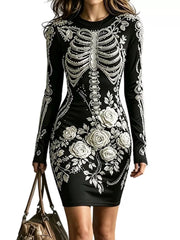 Black long sleeve bodycon dress with white skeleton and rose print against white background