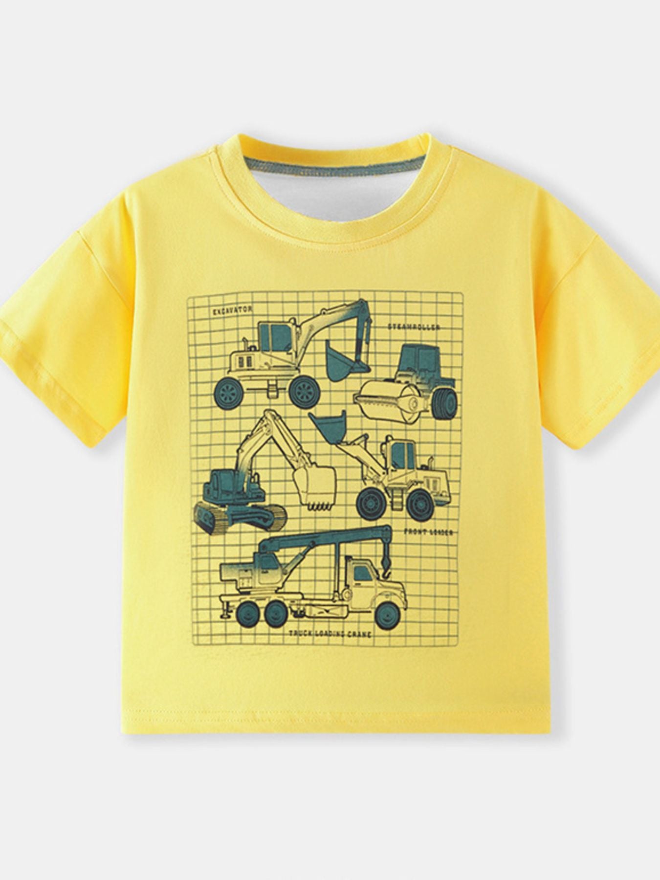 Front flat view of the yellow children's t-shirt with a construction vehicle blueprint graphic