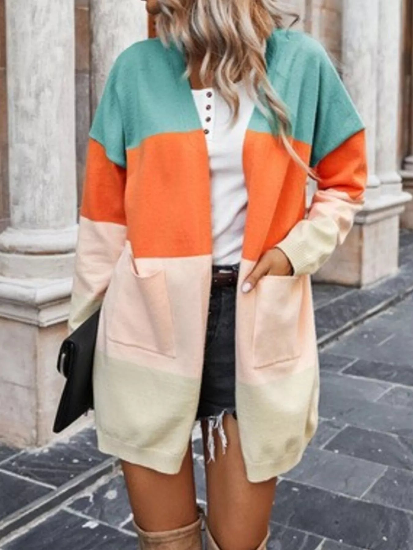 Color block open front cardigan with teal orange pink and cream blocks
