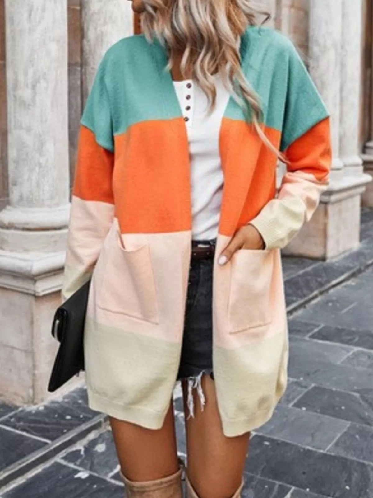 Color block open front cardigan with teal orange pink and cream blocks
