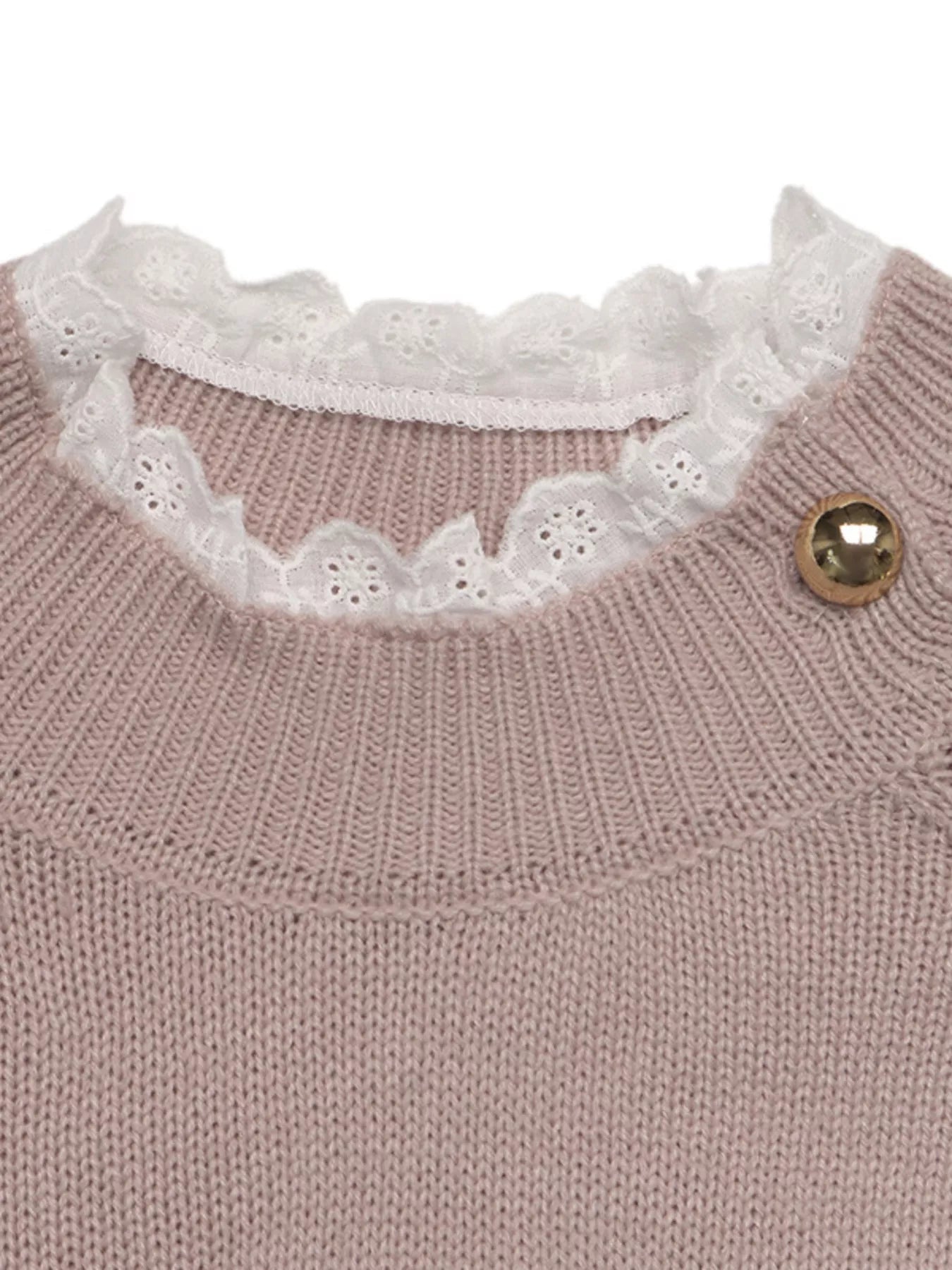 Close up of a pink mock neck with white lace trim and a gold button