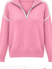 Flat front view of pink quarter zip sweater with white trim and ribbed hem