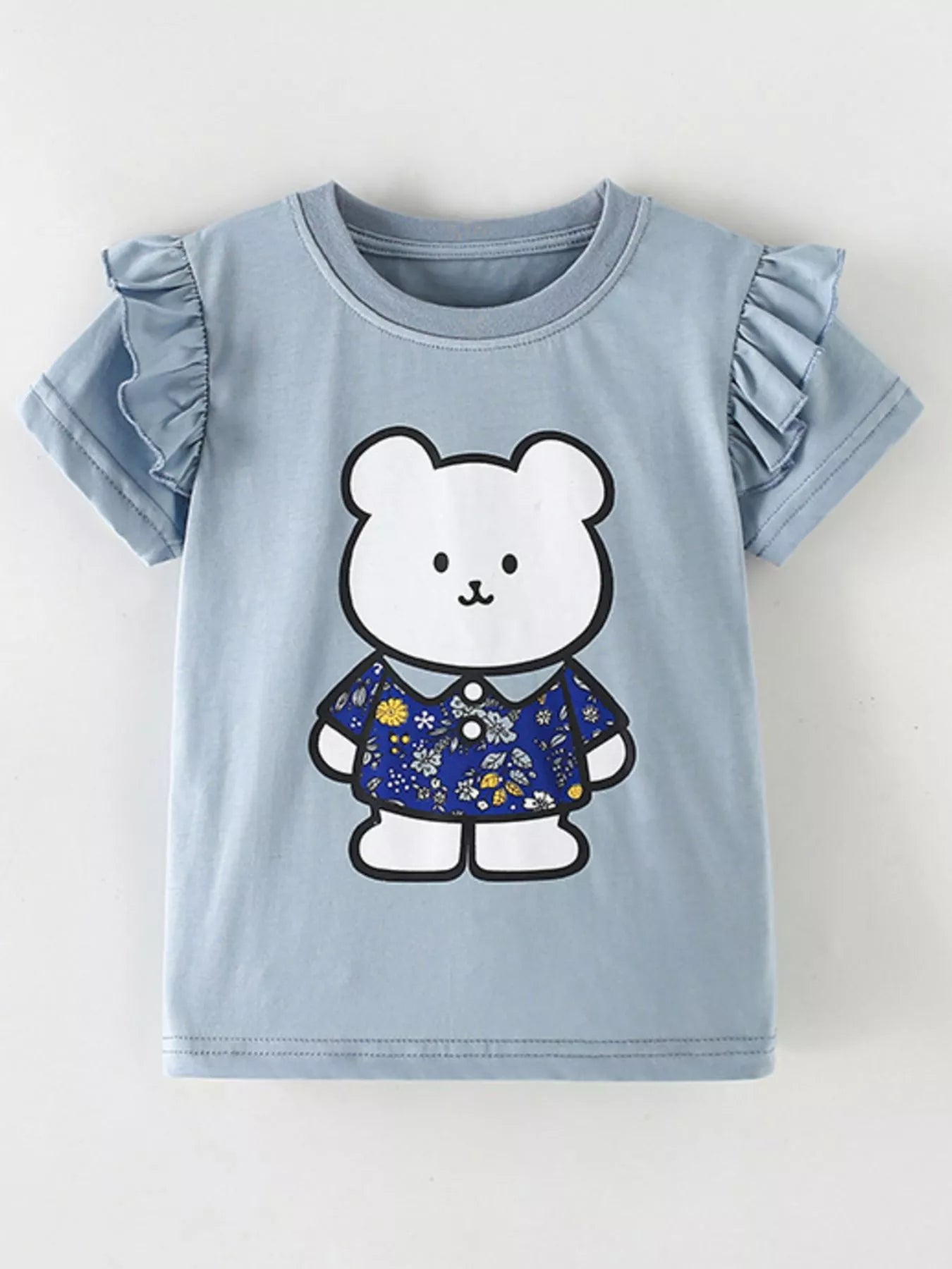 Flat lay front view of light blue children's t-shirt with ruffled sleeves and white bear in floral shirt