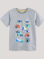 Children's gray tee featuring a Camping Adventure graphic design.