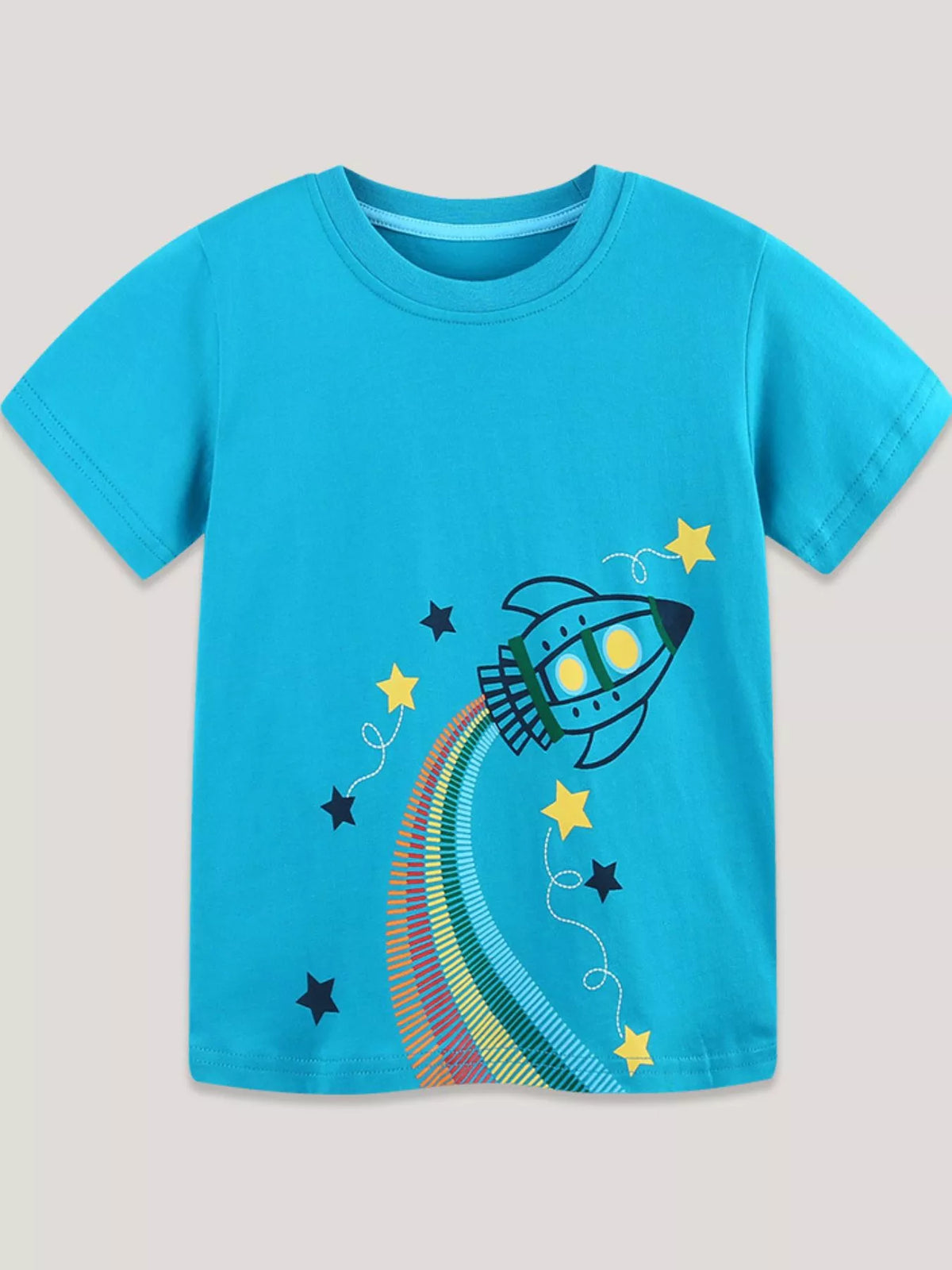 Sky blue children's round neck T-shirt with a rocket graphic trailing a rainbow trail among stars