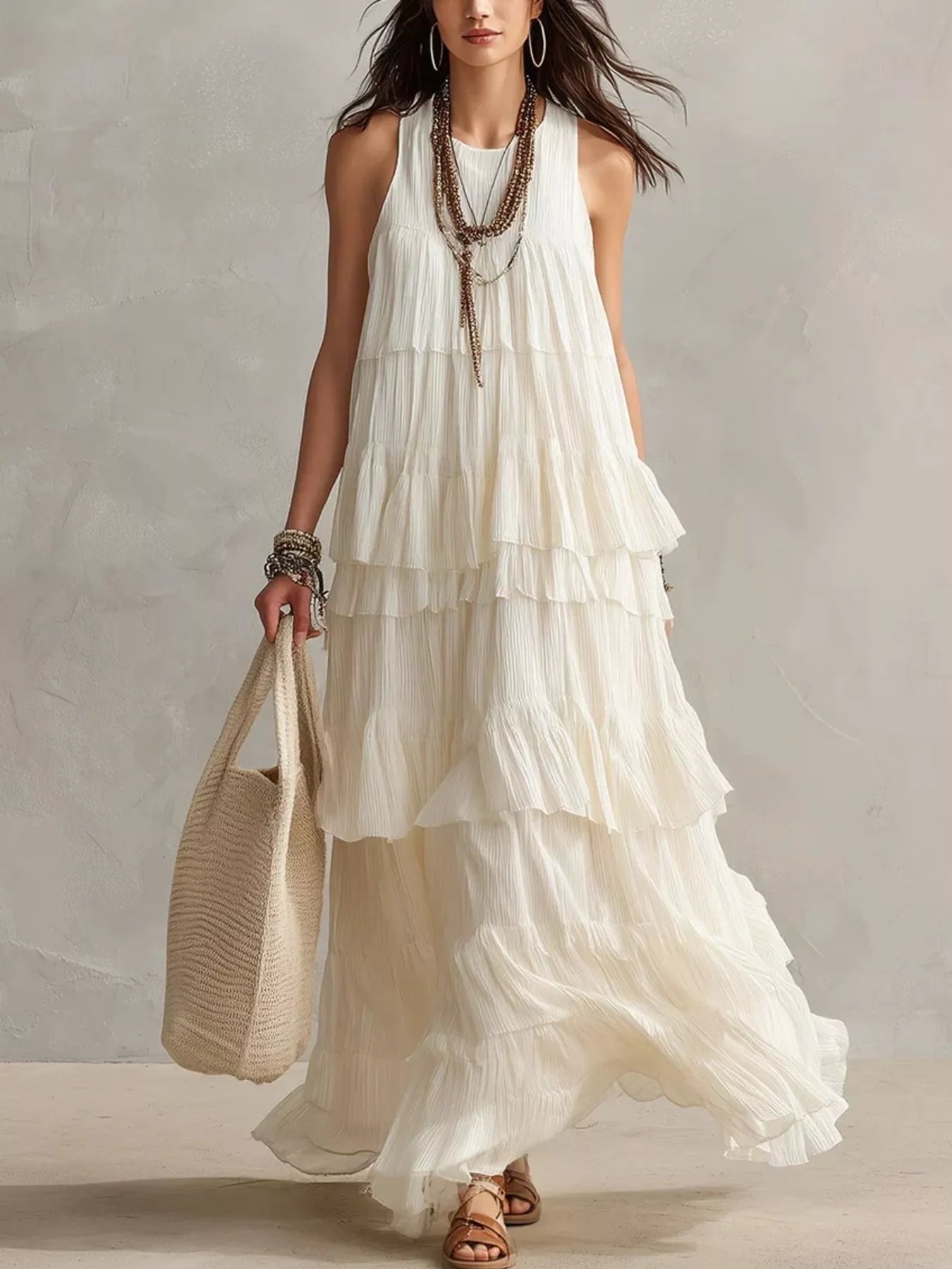 White sleeveless maxi dress with layered ruffles and pleated tiers worn walking