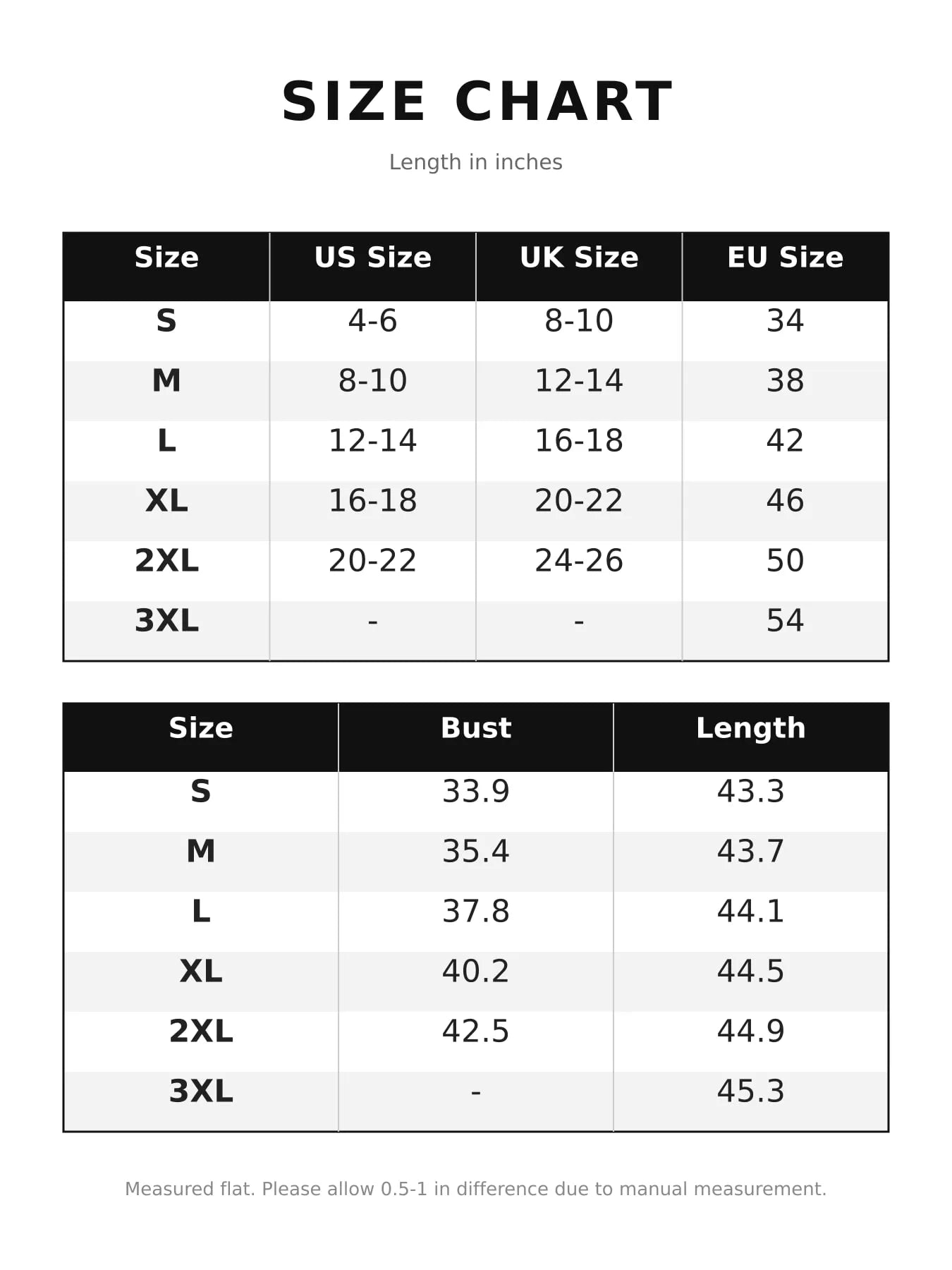 Size chart for the stand collar long sleeve midi dress with bust and length measurements