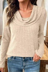 Women's beige ribbed cowl neck long-sleeve top shown with blue jeans, front view.