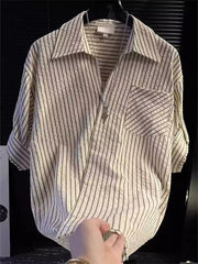 Men's striped shirt with roll-up sleeves, made from polyester fabric.