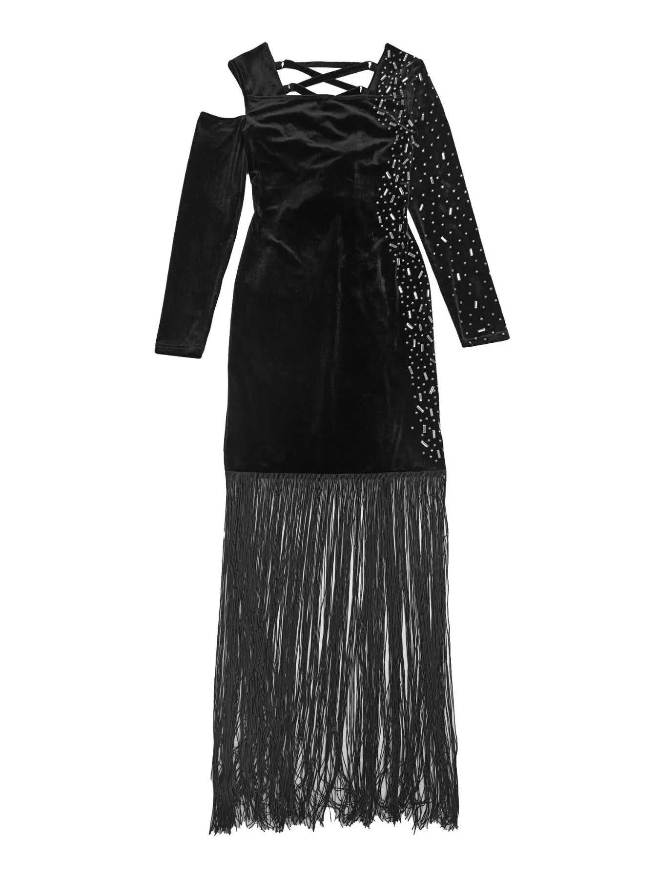 Black asymmetrical rhinestone dress laid flat front view with long fringe hem