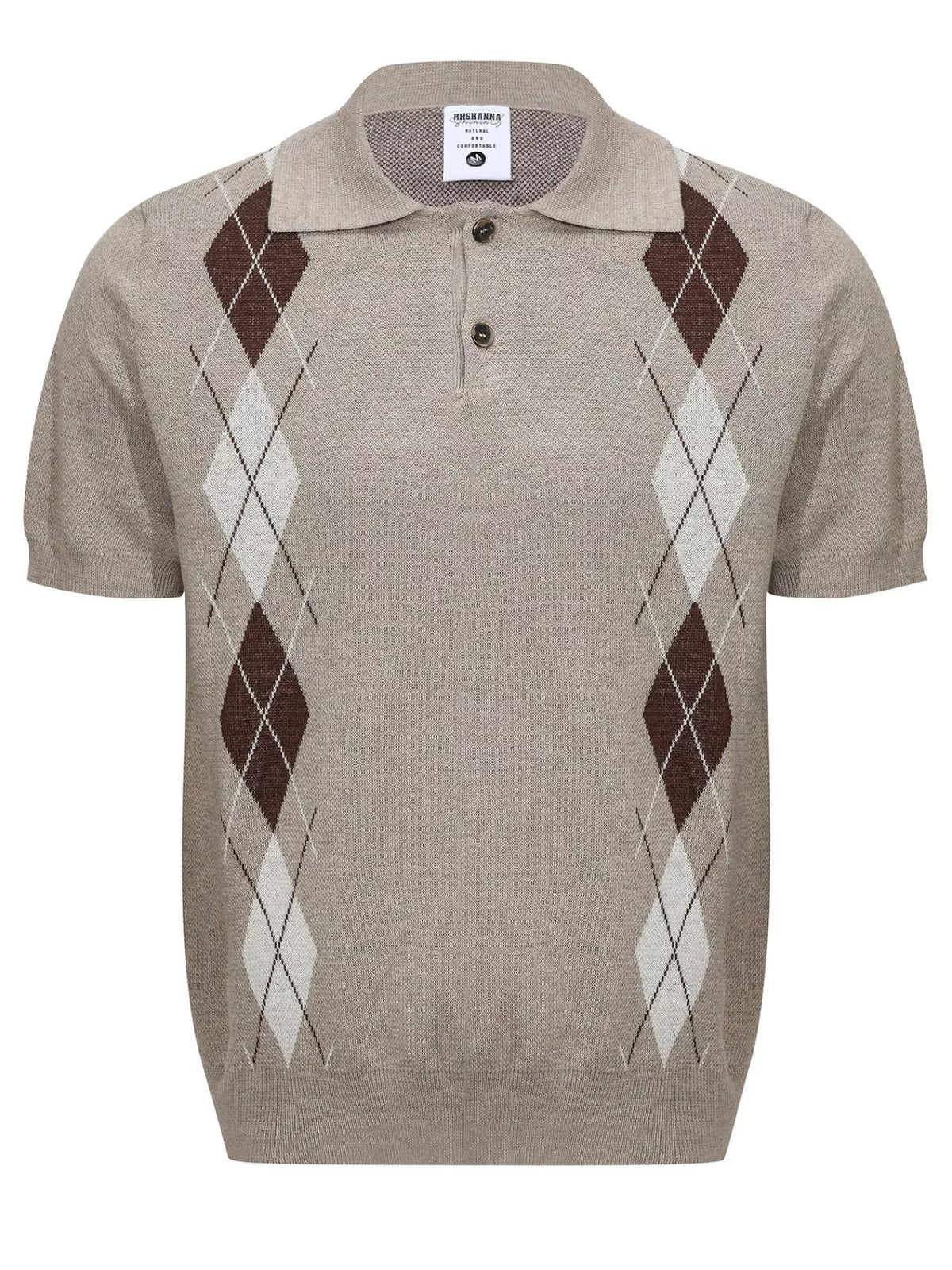 Men's argyle-knit short-sleeve polo made from a slightly stretchy cotton-spandex blend.