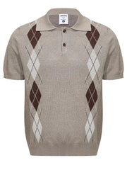 Men's argyle-knit short-sleeve polo made from a slightly stretchy cotton-spandex blend.