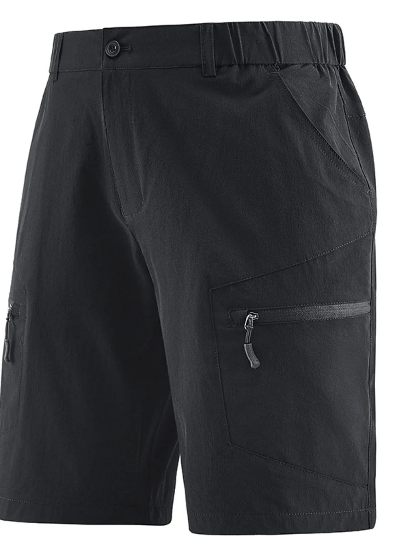 Men's black outdoor shorts with zipper pockets and a drawstring waist.