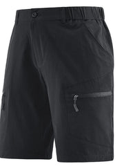 Men's black outdoor shorts with zipper pockets and a drawstring waist.
