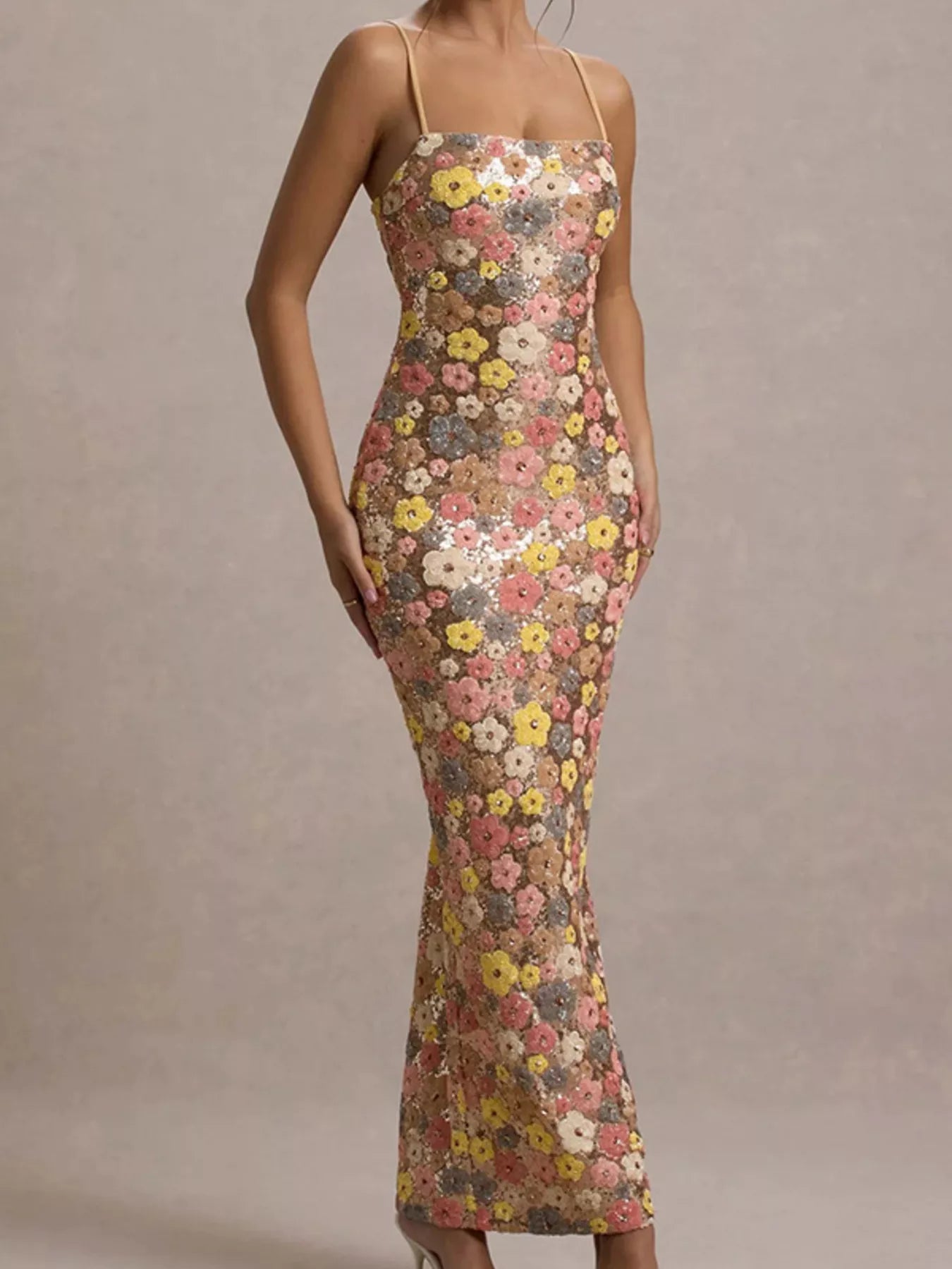 Front view of a multicolor floral sequin bodycon maxi dress showing the full floral pattern