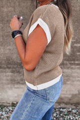 Side view of a mocha short sleeve sweater with white contrast trim