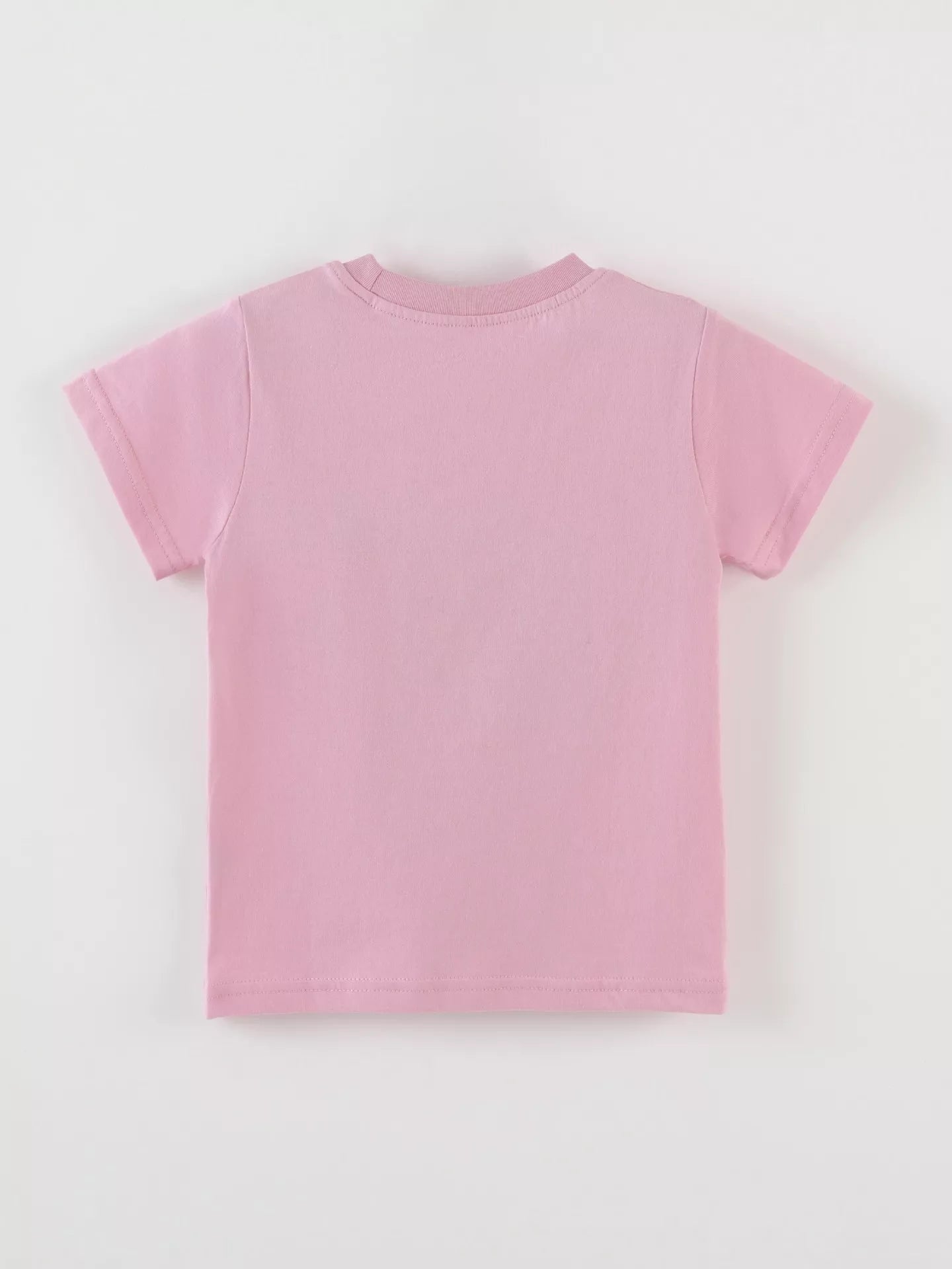 Back view of the plain pink children's short sleeve T-shirt laid flat on white