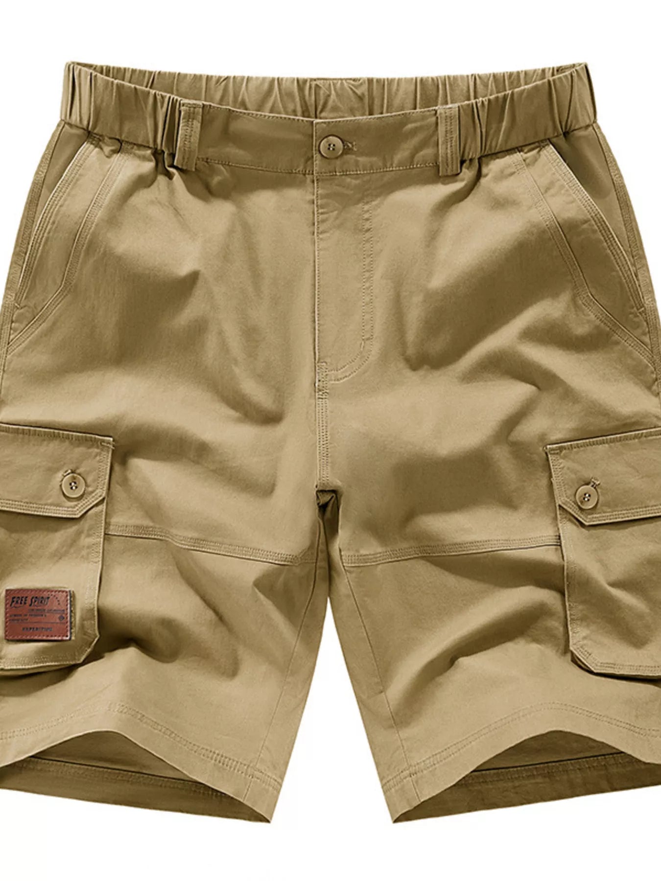 Men's khaki plus-size shorts with an elastic waist and pockets.