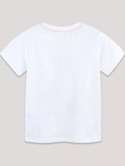 Flat back view of a plain white children's short sleeve tee with pink neckline stitching