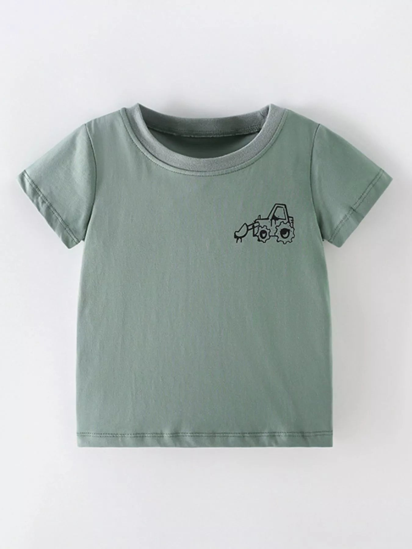 Front view of a sage children's short sleeve shirt with a small black cartoon excavator on the chest