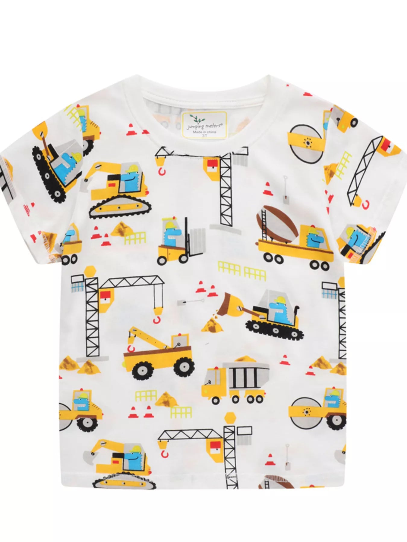 Front view of a white children's short sleeve t shirt covered in yellow construction vehicle prints