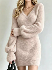 Beige fuzzy knit sweater dress with V neck and long puff sleeves, front view