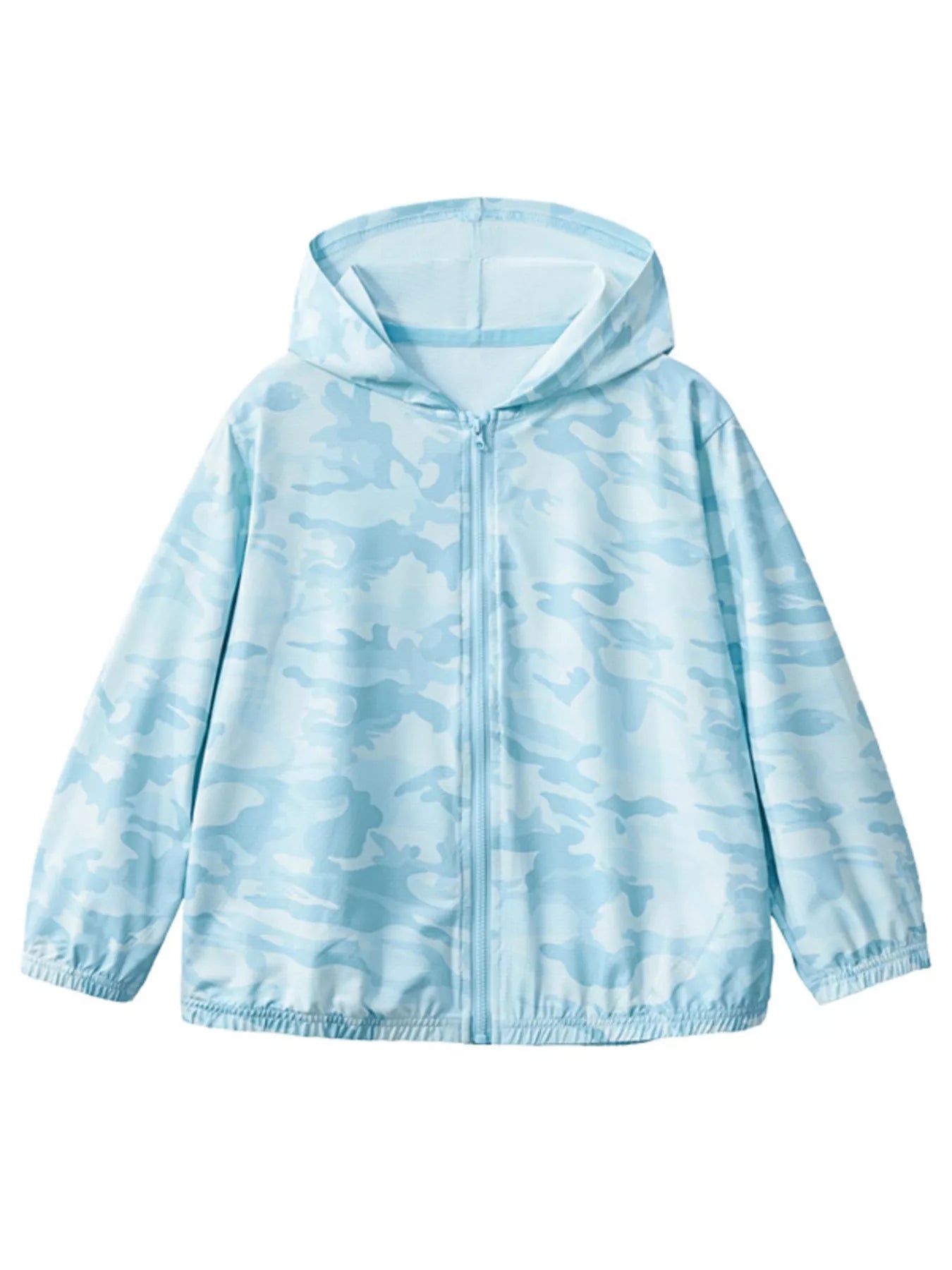 Front view of the pastel blue camouflage children's hooded jacket with full zip and elastic hem