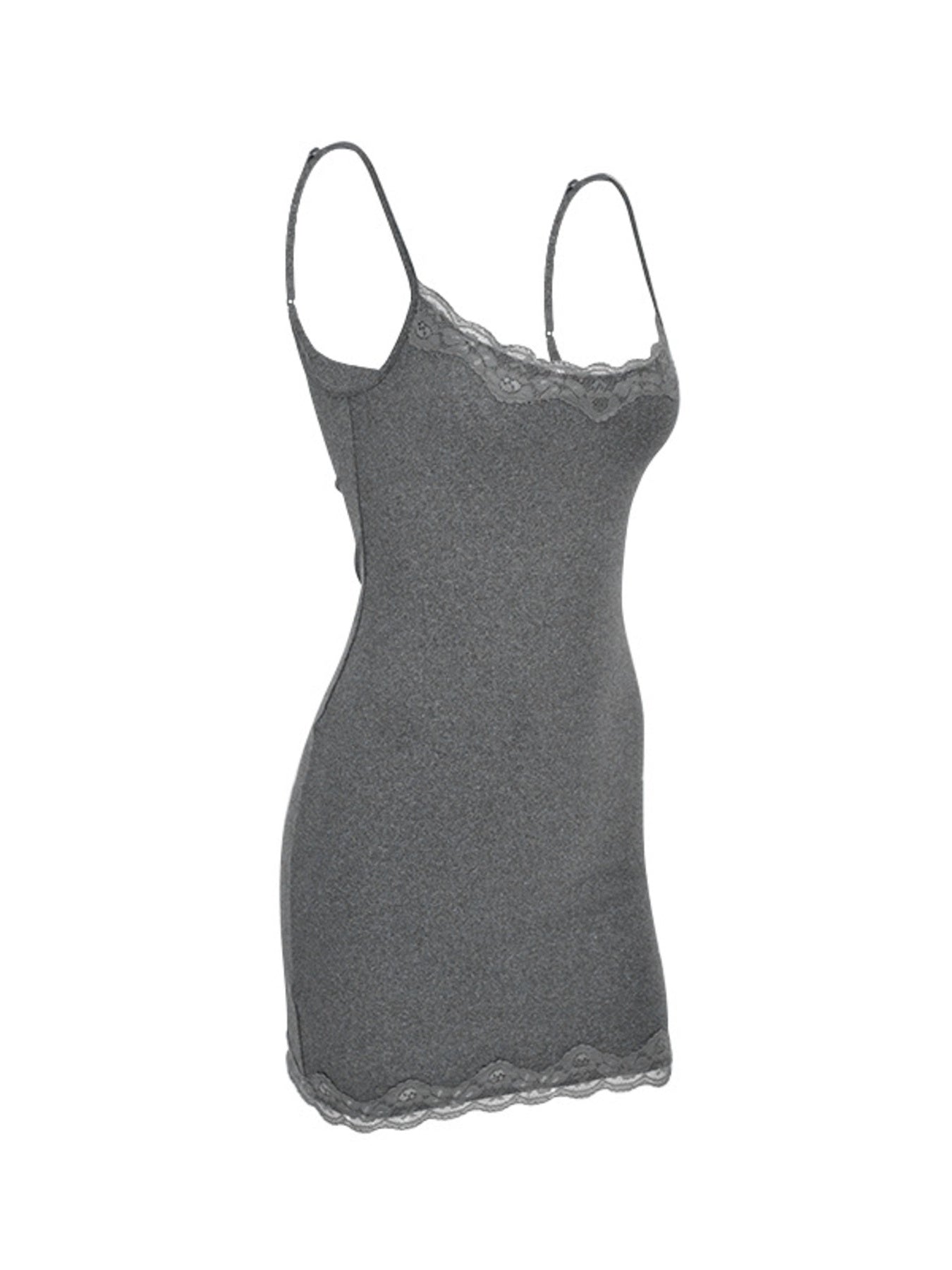 Grey lace trim bodycon mini dress shown flat, angled back view unworn