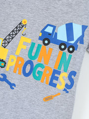 Close-up of construction truck and colorful lettering print on gray children's t-shirt