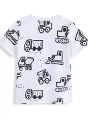 Back view of a white children's t-shirt with black outline construction trucks and excavators