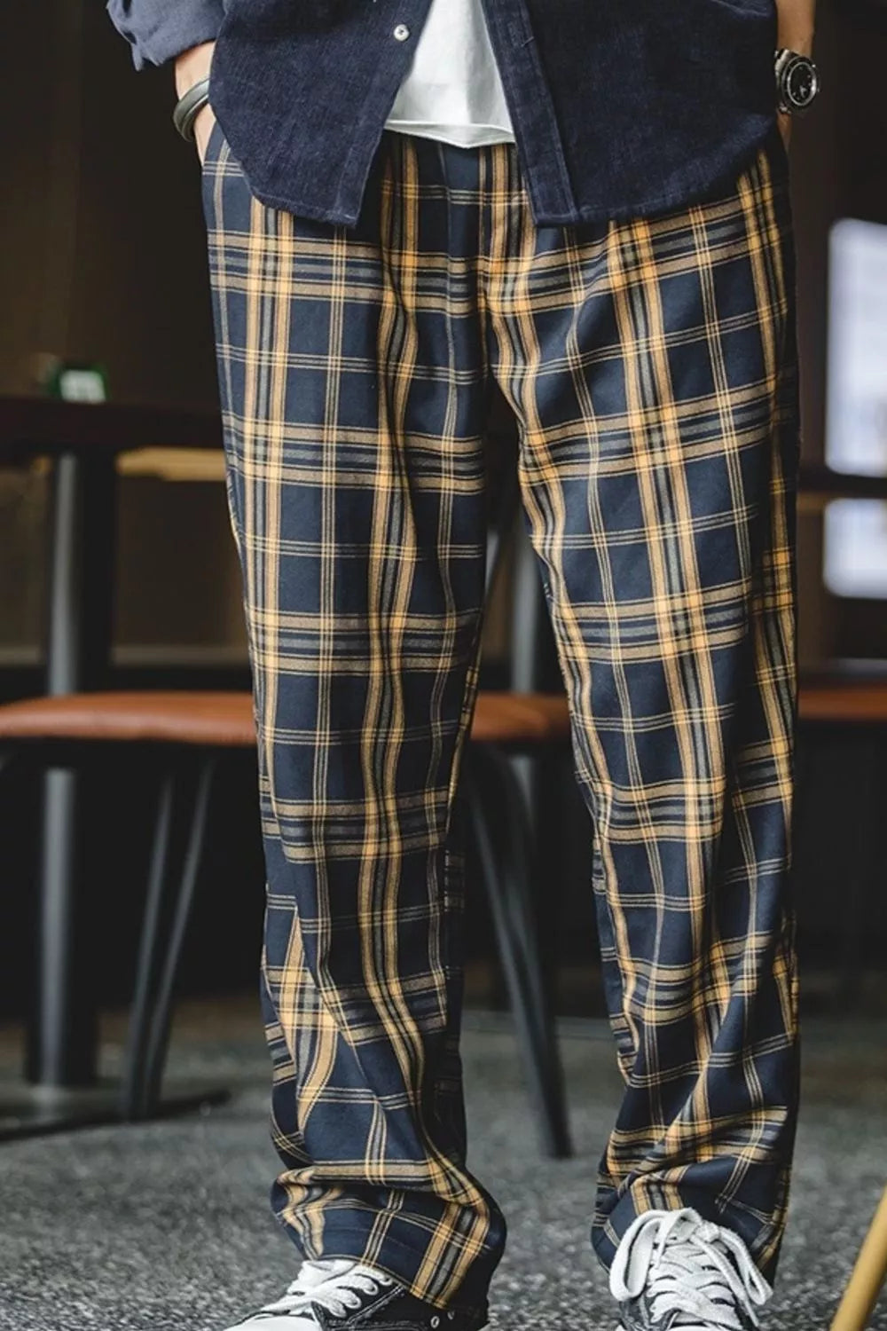 Men's mustard plaid casual pants, available in plus sizes.