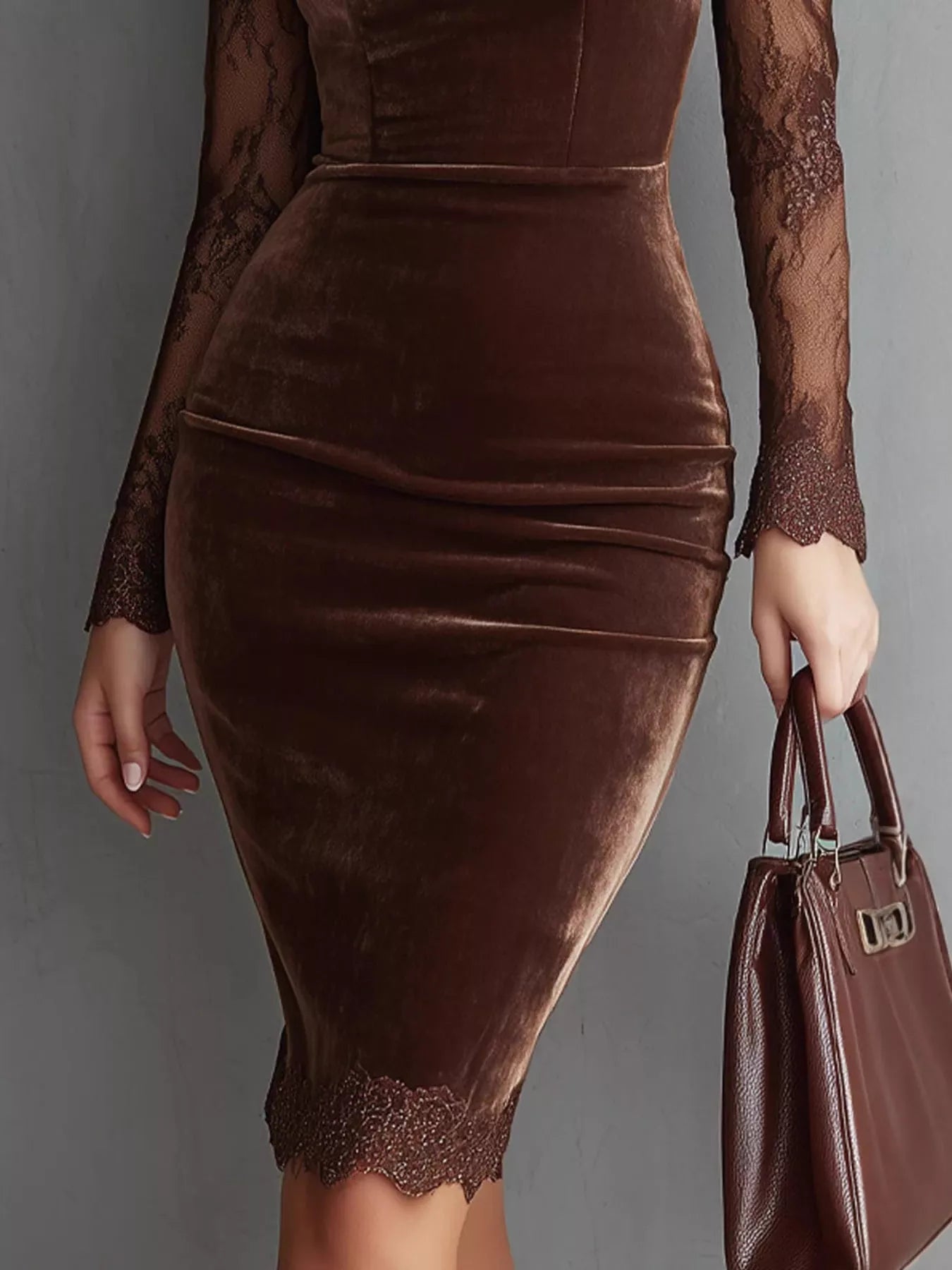 Close view of the lower skirt and lace hem of a coffee long sleeve velvet bodycon dress