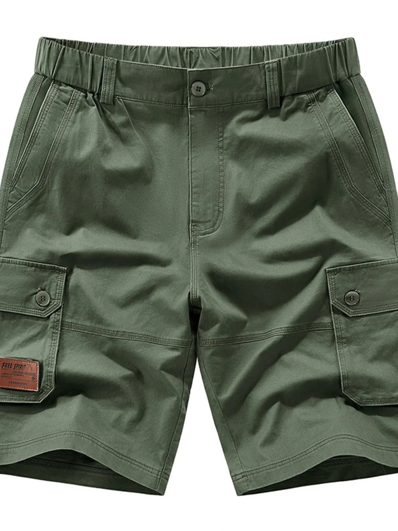 Men's military green plus-size shorts with an elastic waist and pockets.