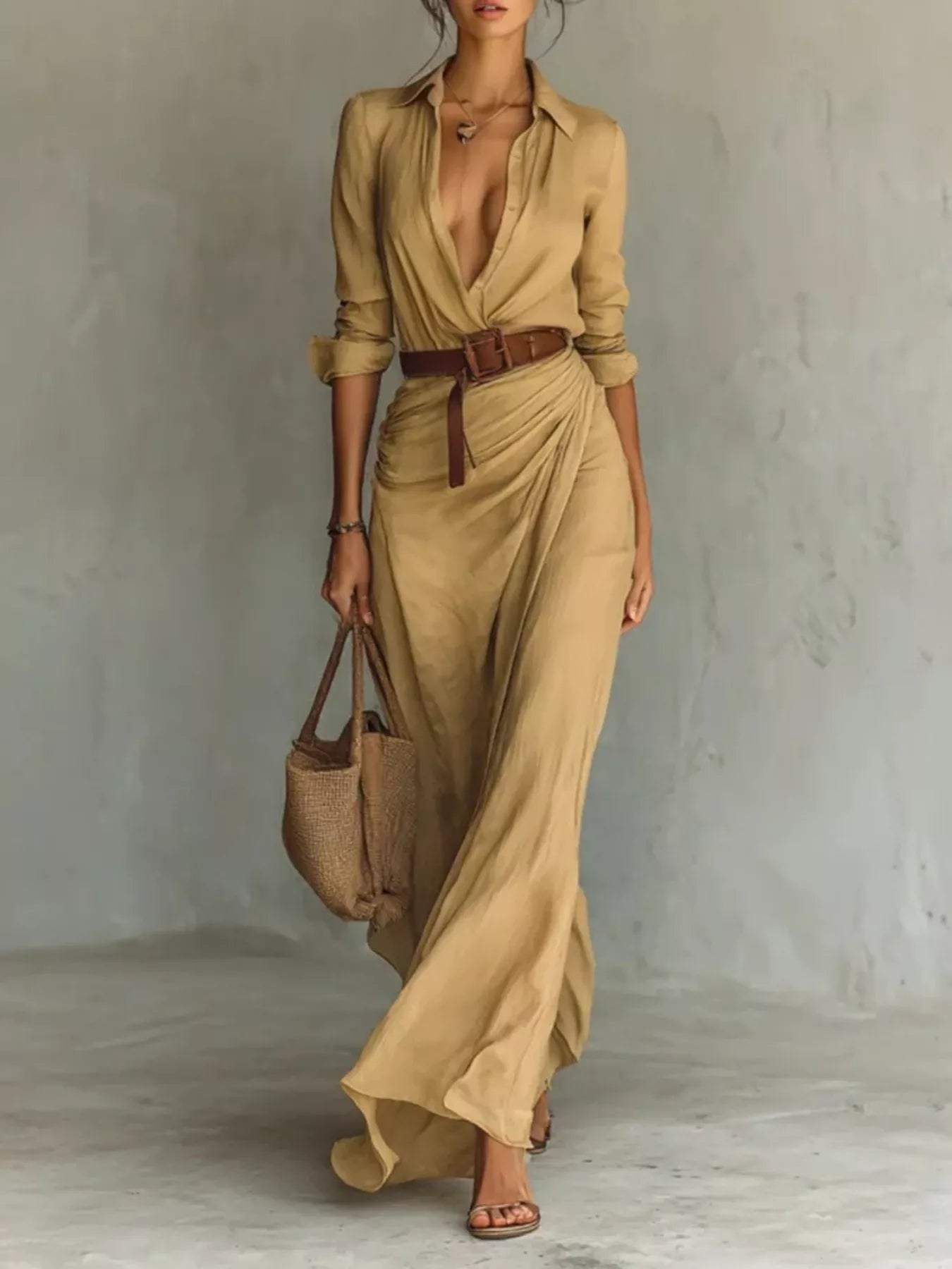 Front view of a camel button front long sleeve shirt maxi dress with a brown belt