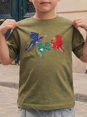Olive children's short sleeve t-shirt with blue, green and red embroidered dragons, worn front view
