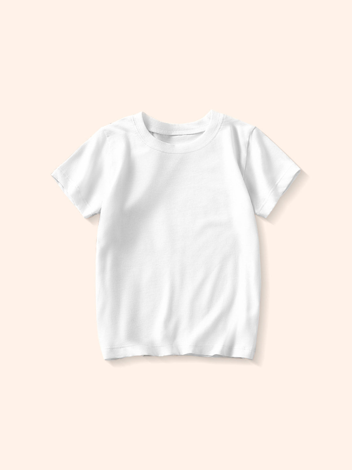 Straight front view of a plain white children's crew neck T-shirt on a pale background