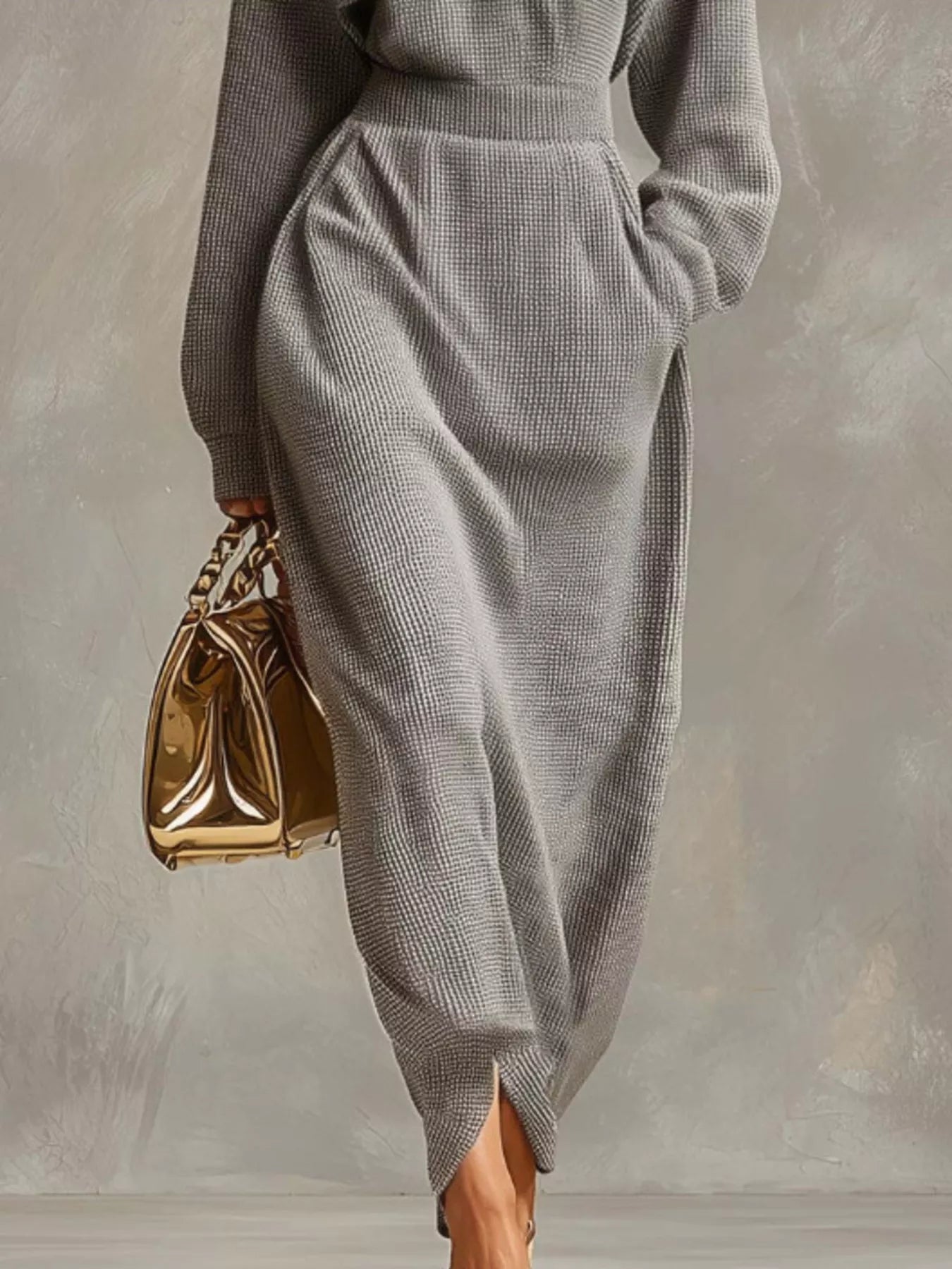 Lower view of a grey waffle knit midi dress showing the skirt and front hem slit