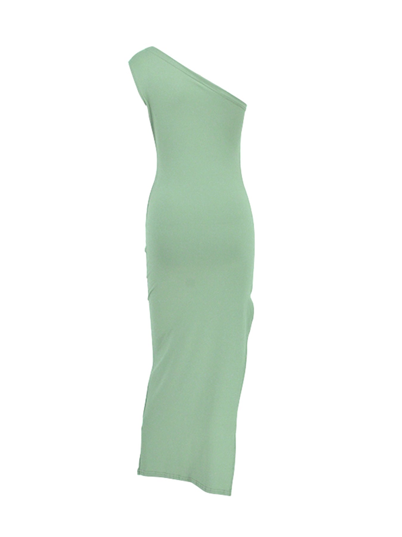 Green one shoulder ruched bodycon slit dress shown flat, front view on white background