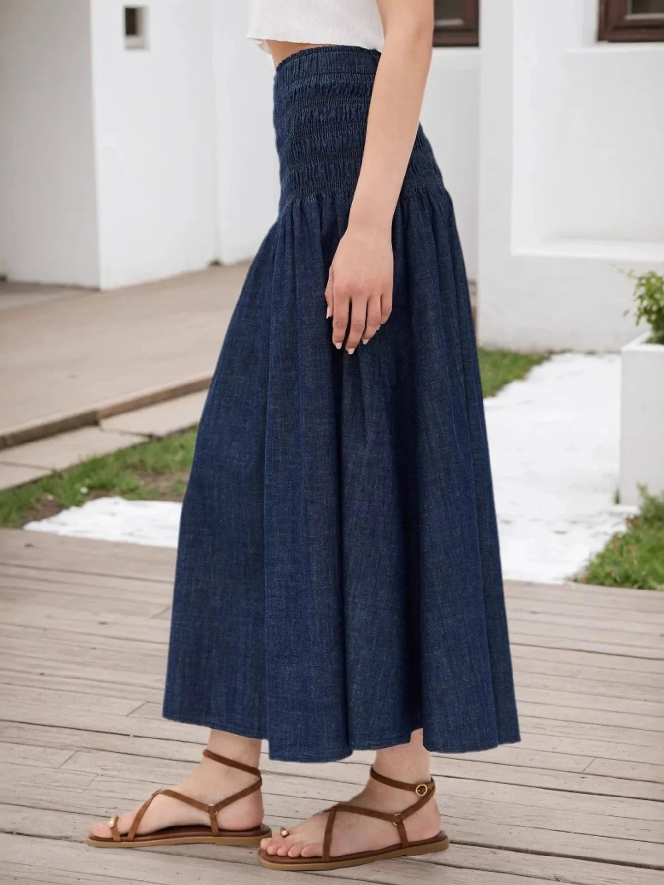 Elastic Waist Midi Skirt