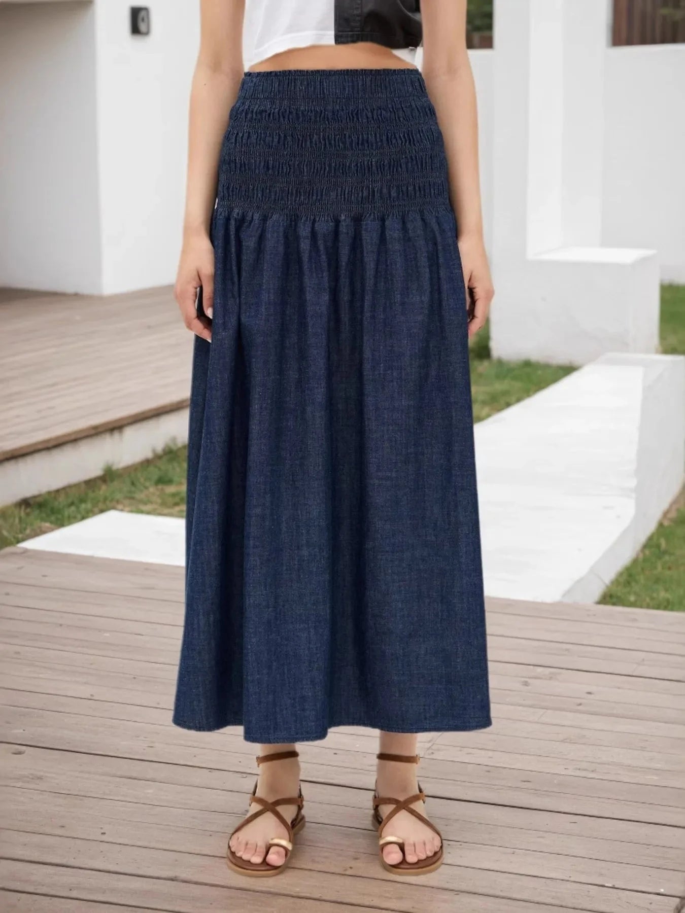 Elastic Waist Midi Skirt Dark Blue / S