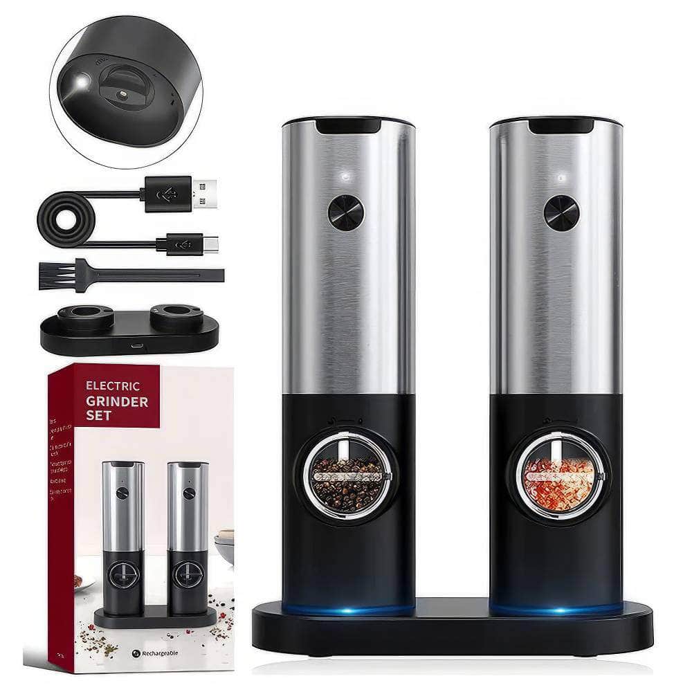 Electric Salt Grinder Set - USB Rechargeable Pepper Mill with LED Light, Adjustable Coarseness, Kitchen Tools