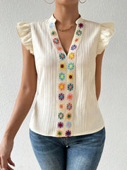 Embroidered Cap Sleeve Notched Blouse