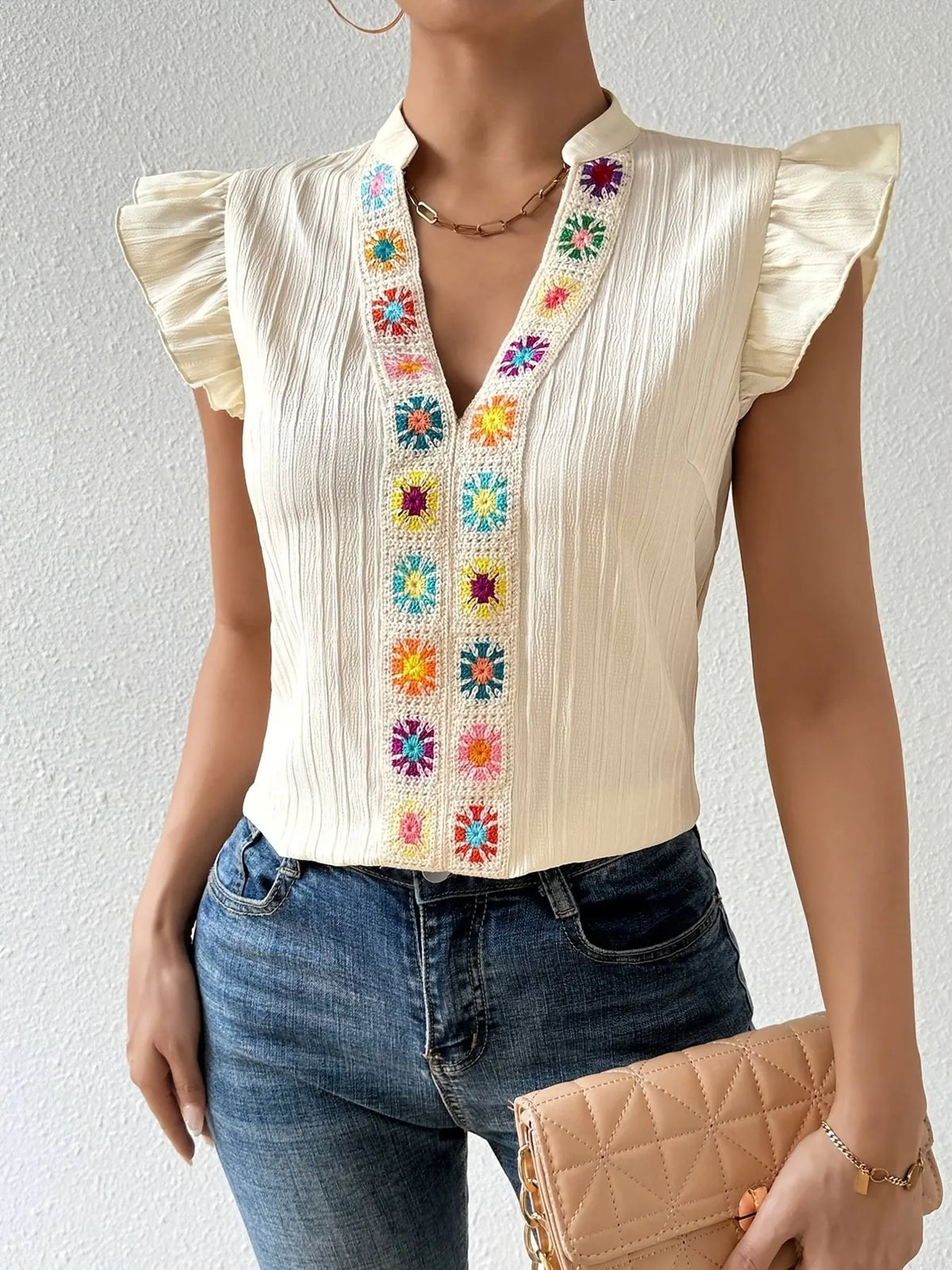 Embroidered Cap Sleeve Notched Blouse Apricot / S