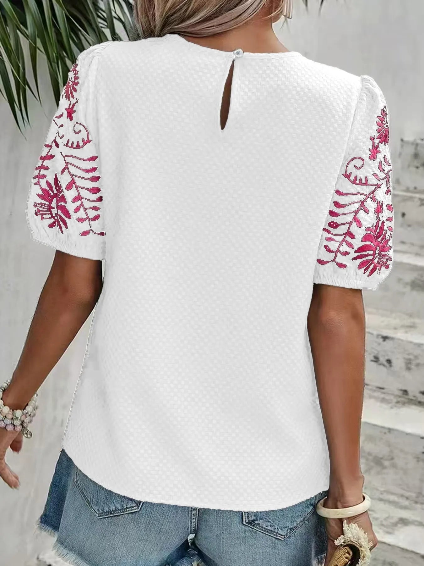 Embroidered Floral Sleeve Textured Blouse