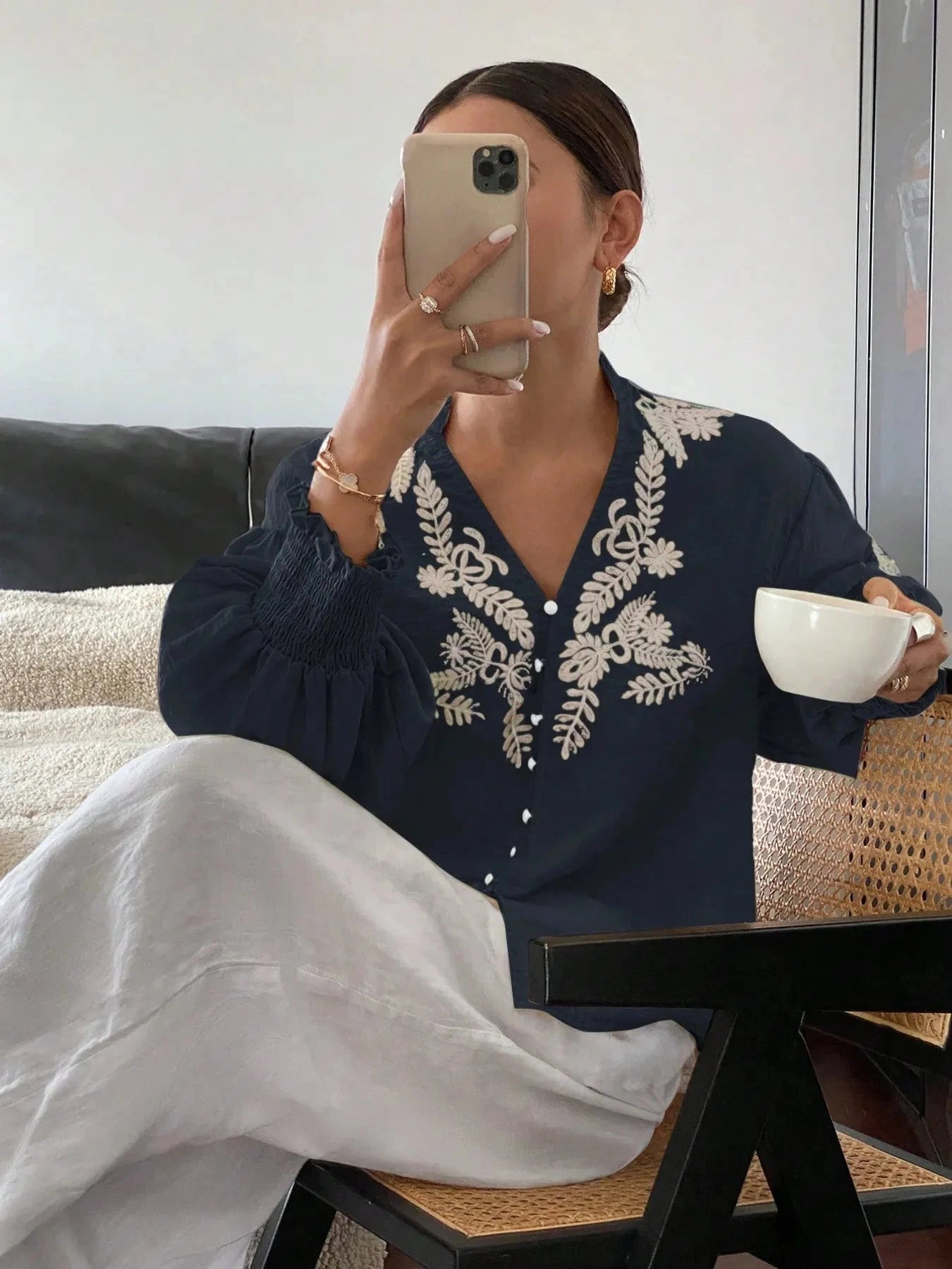 Embroidered Lantern Sleeve Blouse