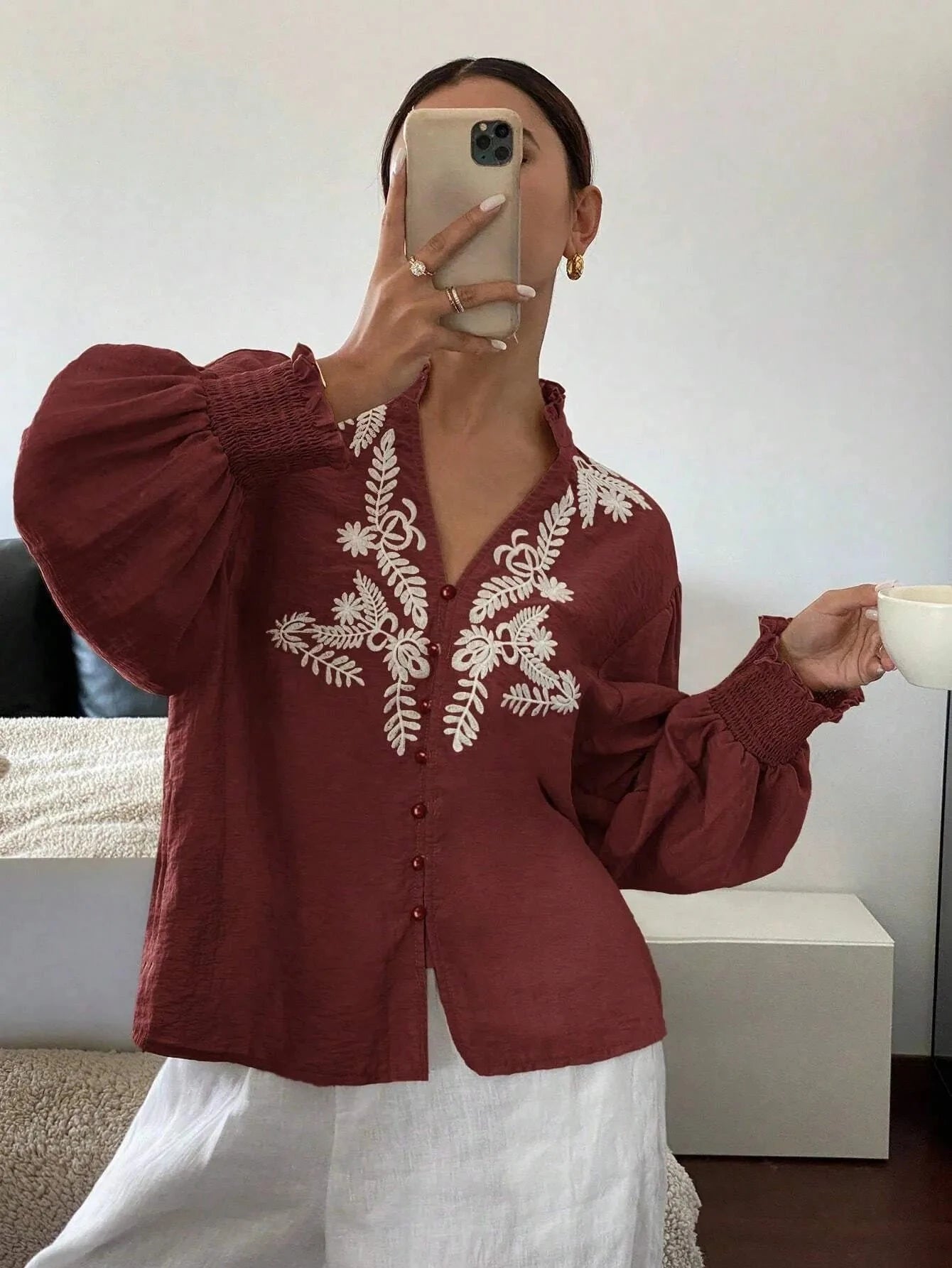 Embroidered Lantern Sleeve Blouse