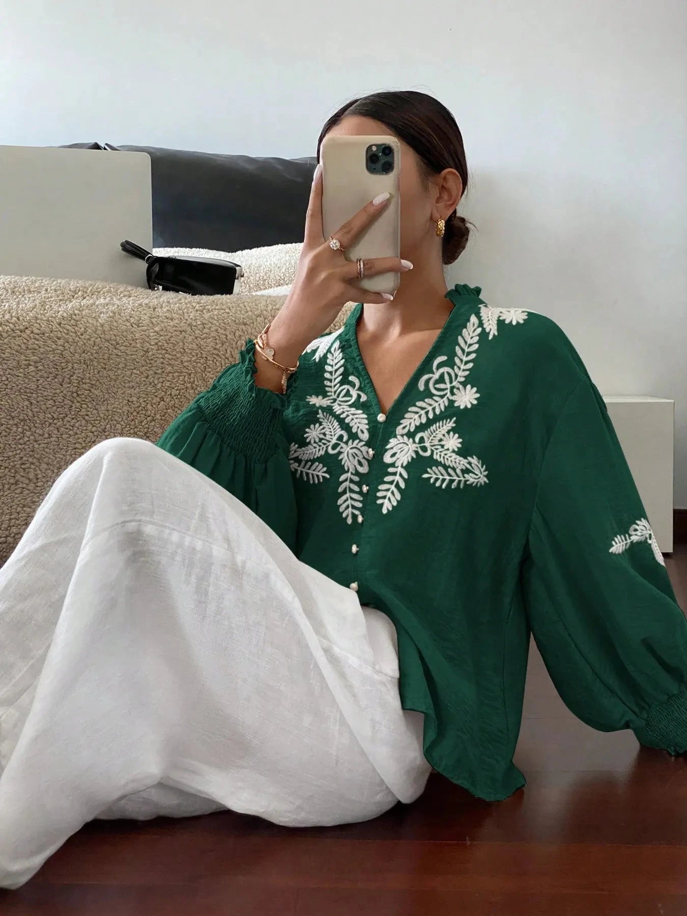 Embroidered Lantern Sleeve Blouse
