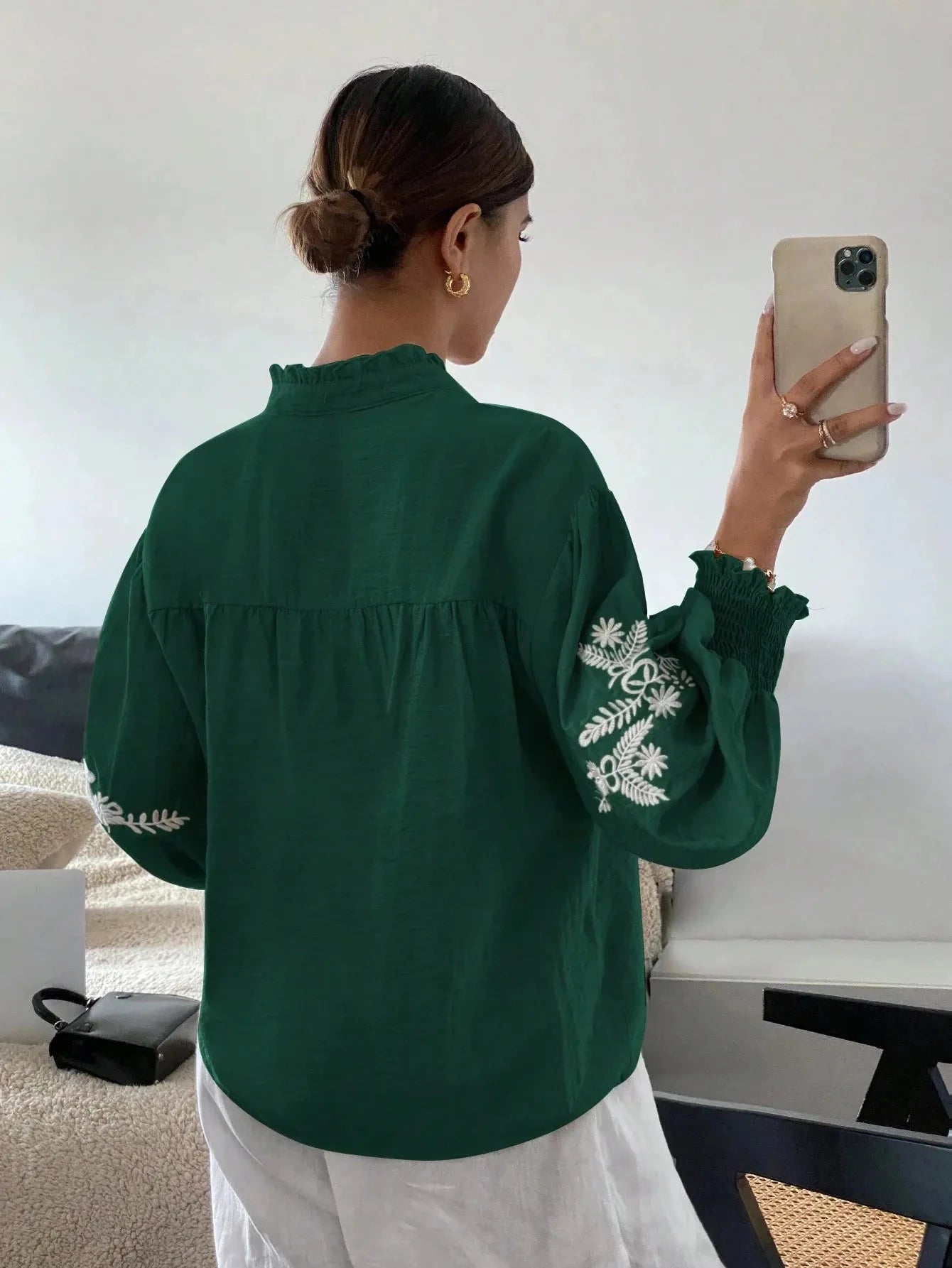 Embroidered Lantern Sleeve Blouse