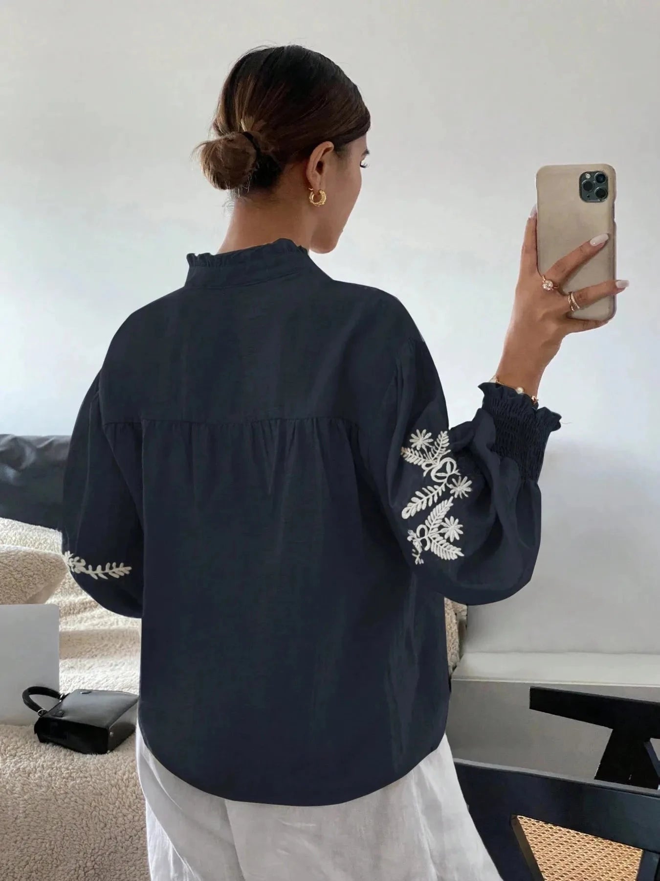 Embroidered Lantern Sleeve Blouse